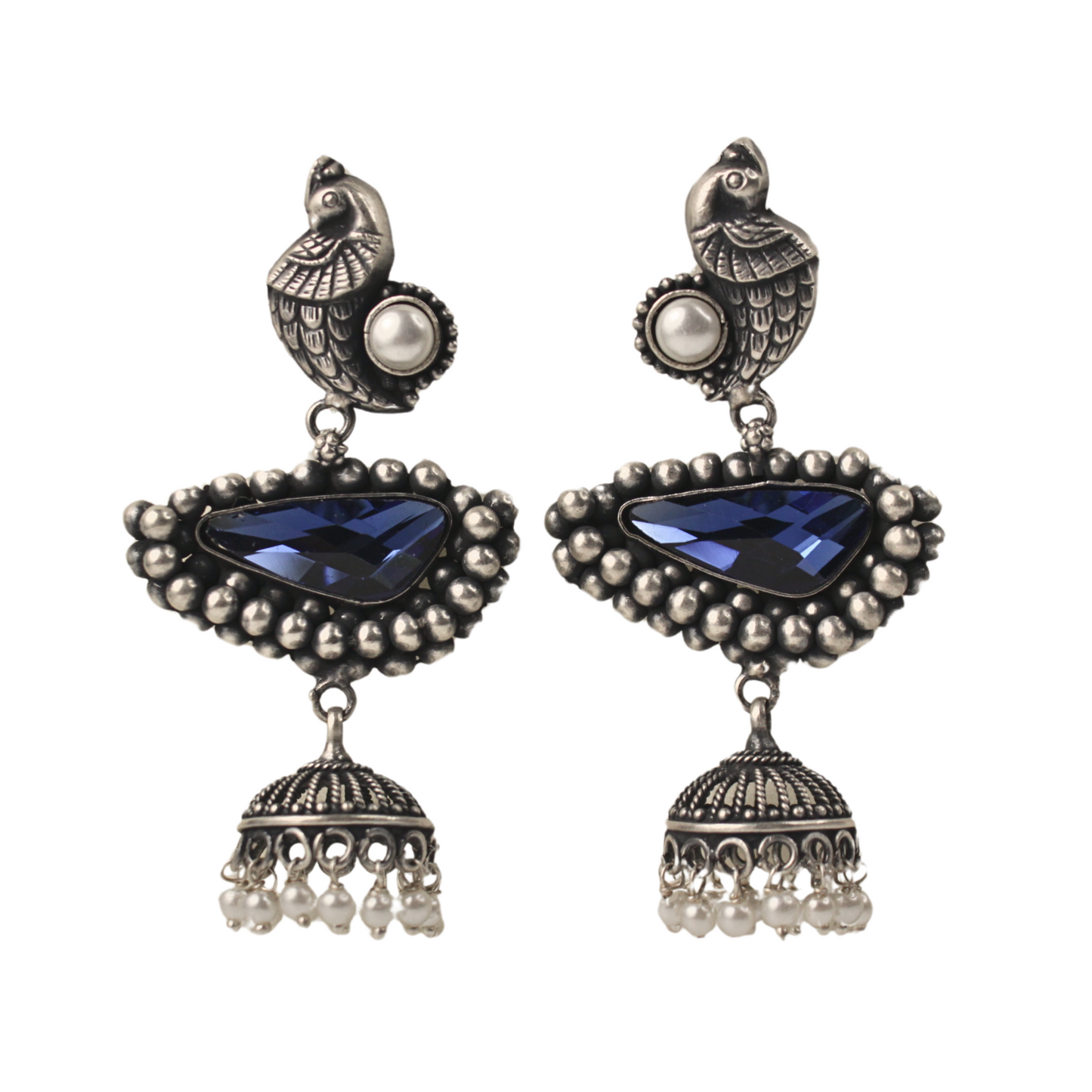 Peacock Charm Oxidized Jhumkas with Green Stine Inlay