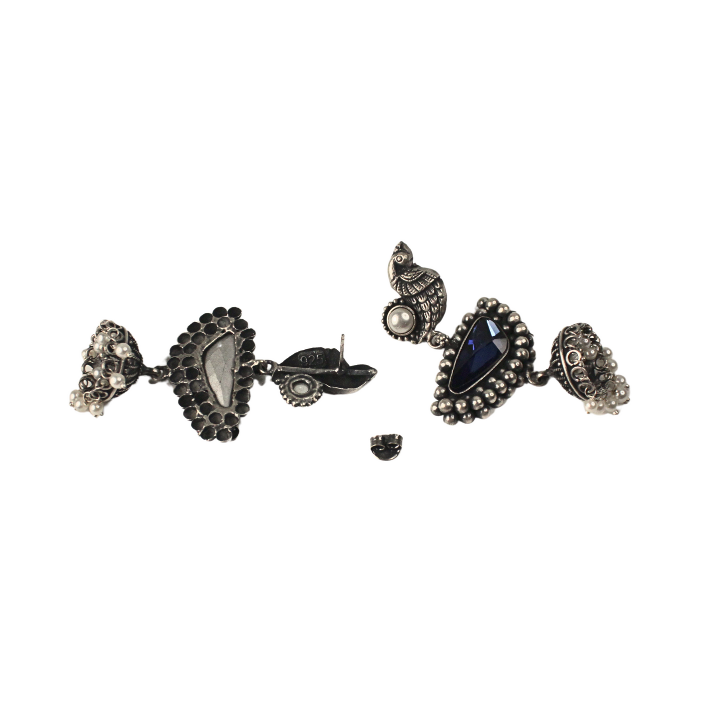 Peacock Charm Oxidized Jhumkas with Green Stine Inlay