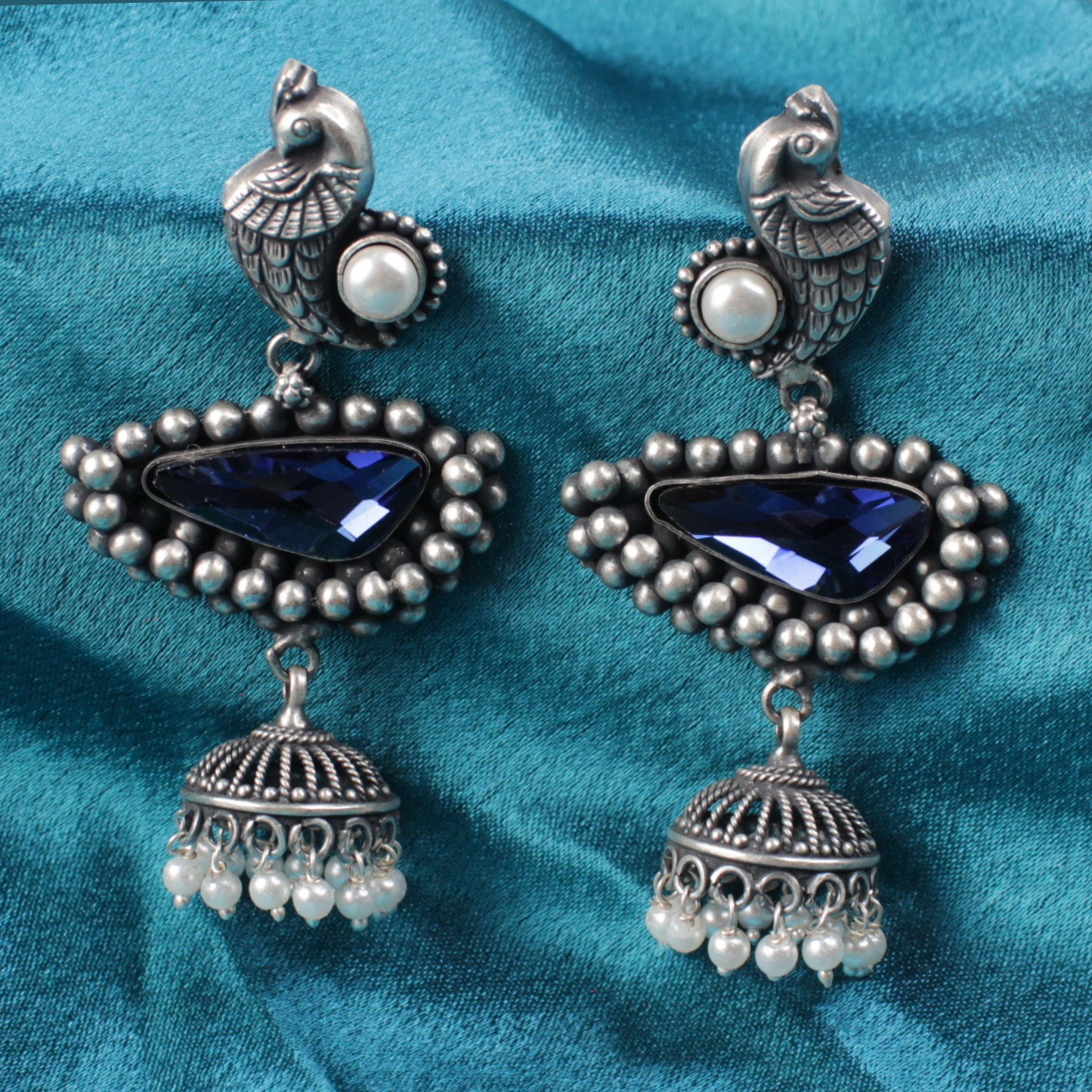 Peacock Charm Oxidized Jhumkas with Green Stine Inlay