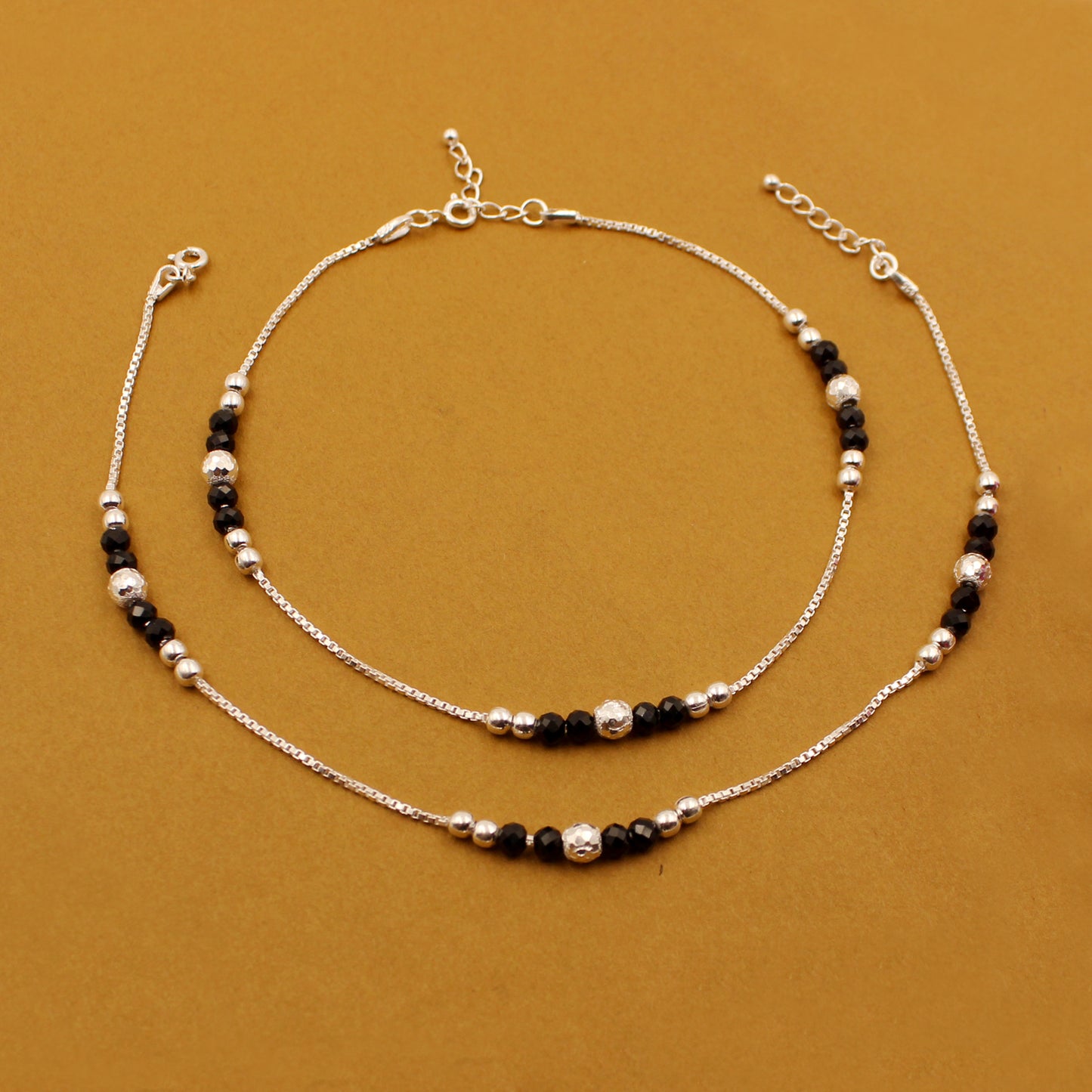 Silver Anklet with Black Beads