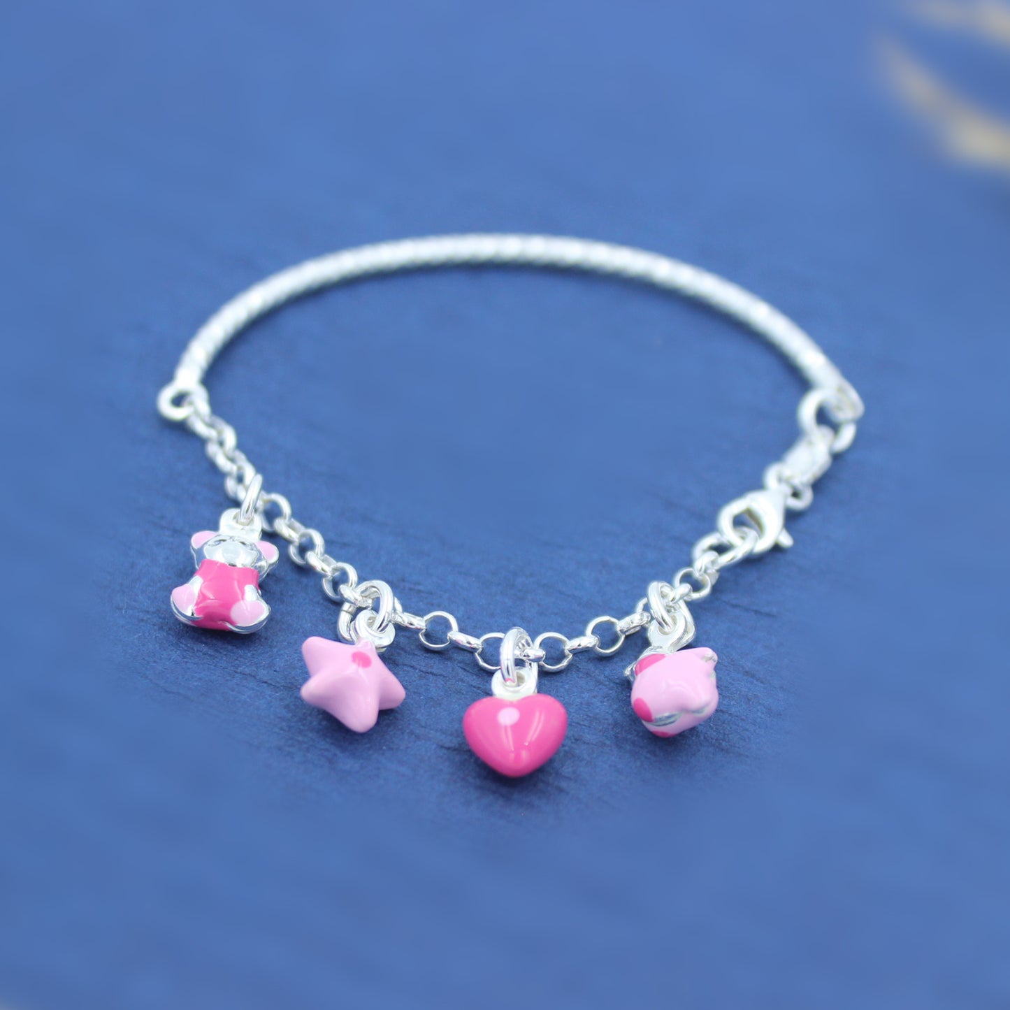 Silver Pink Star And Heart Bracelet