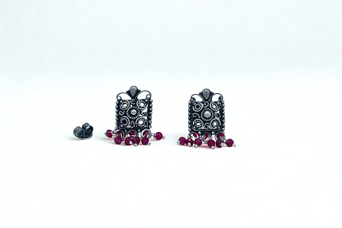 Vintage Silver Earrings with Ruby Bead Drops