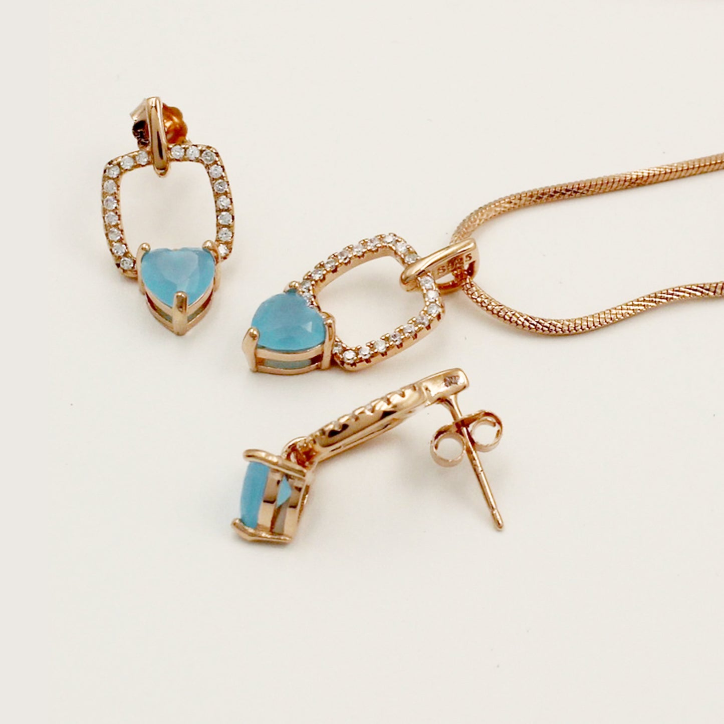Rose Gold Square With Aqua Sone Heart Set