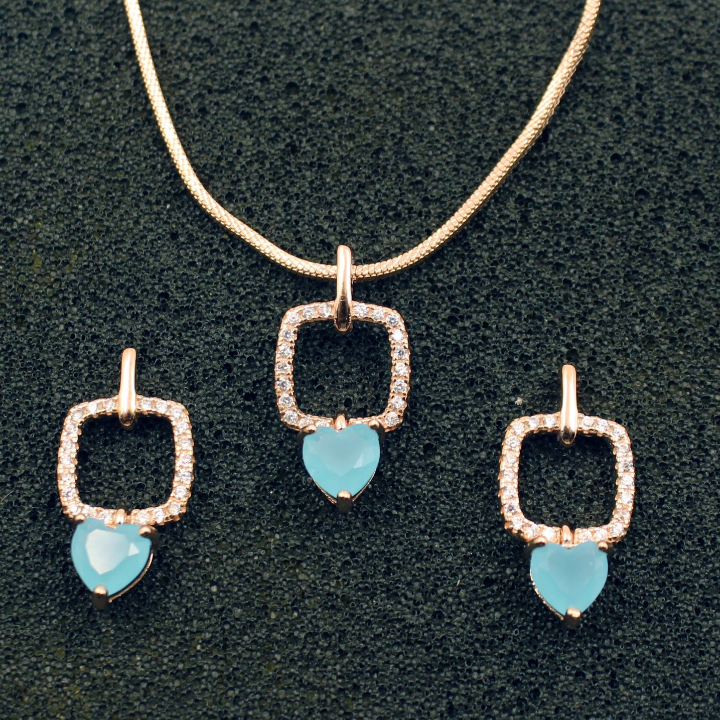 Rose Gold Square With Aqua Sone Heart Set