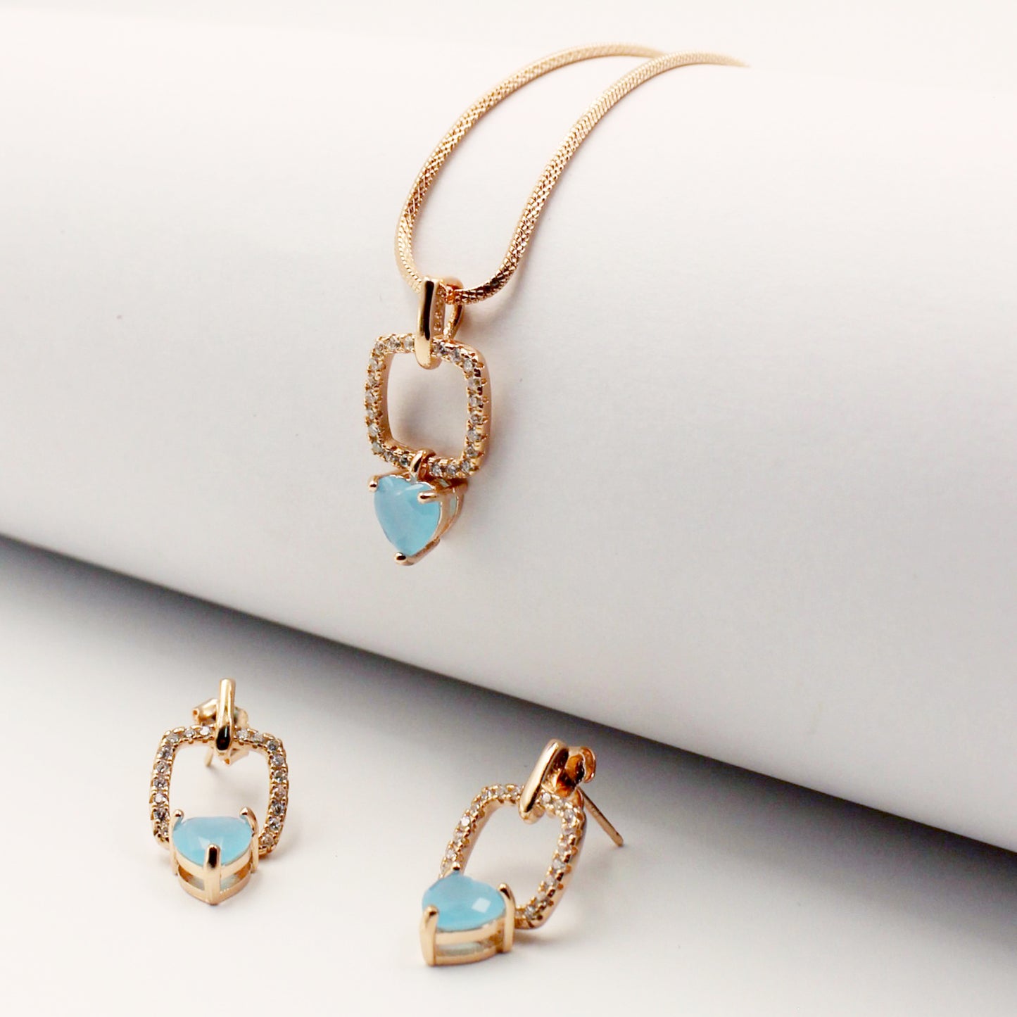 Rose Gold Square With Aqua Sone Heart Set
