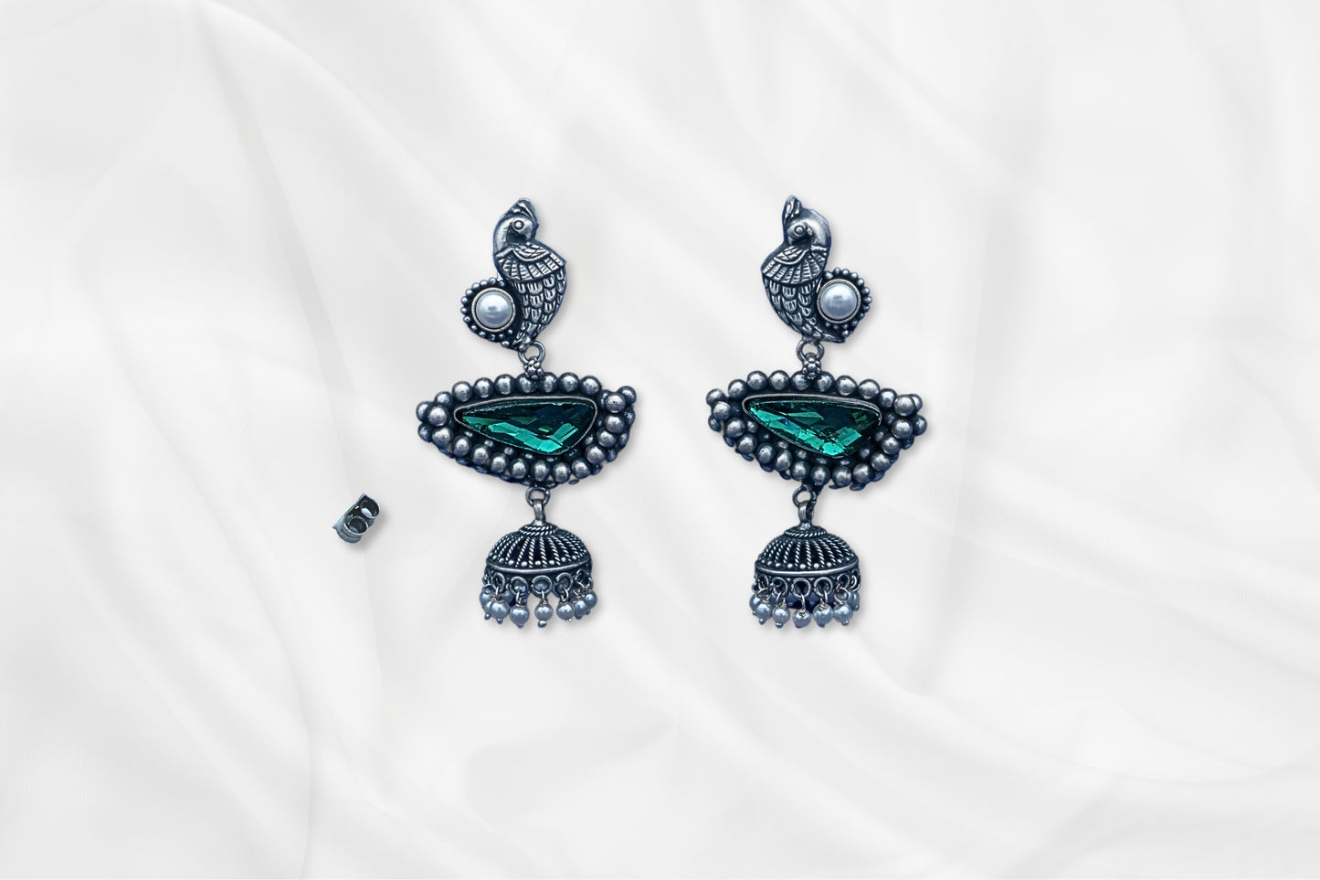 Peacock Charm Oxidized Jhumkas with Green Stine Inlay