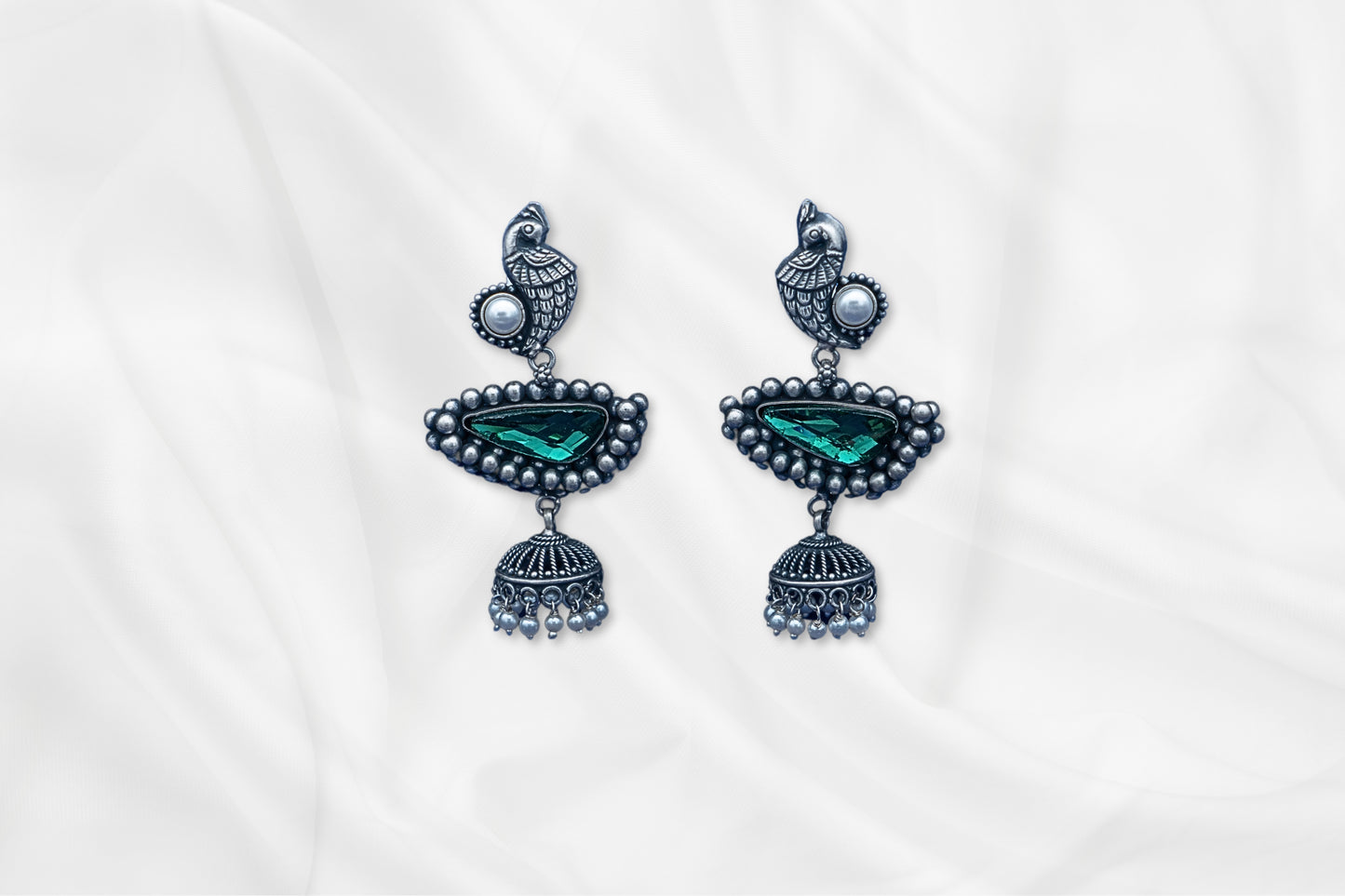 Peacock Charm Oxidized Jhumkas with Green Stine Inlay
