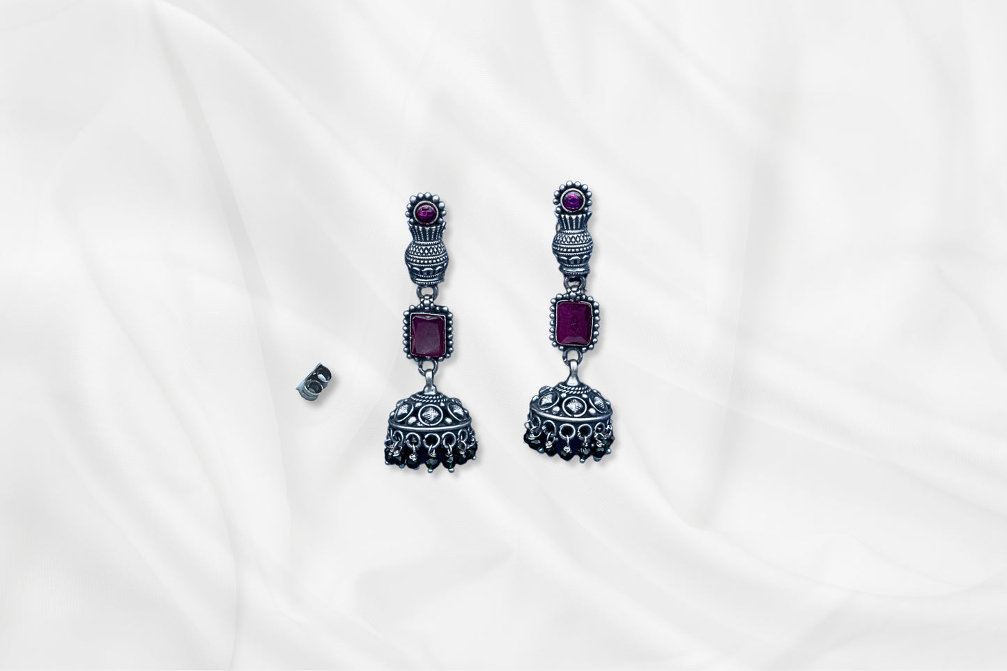 Royal Plum Oxidized jhumkas With Square Stone Drop