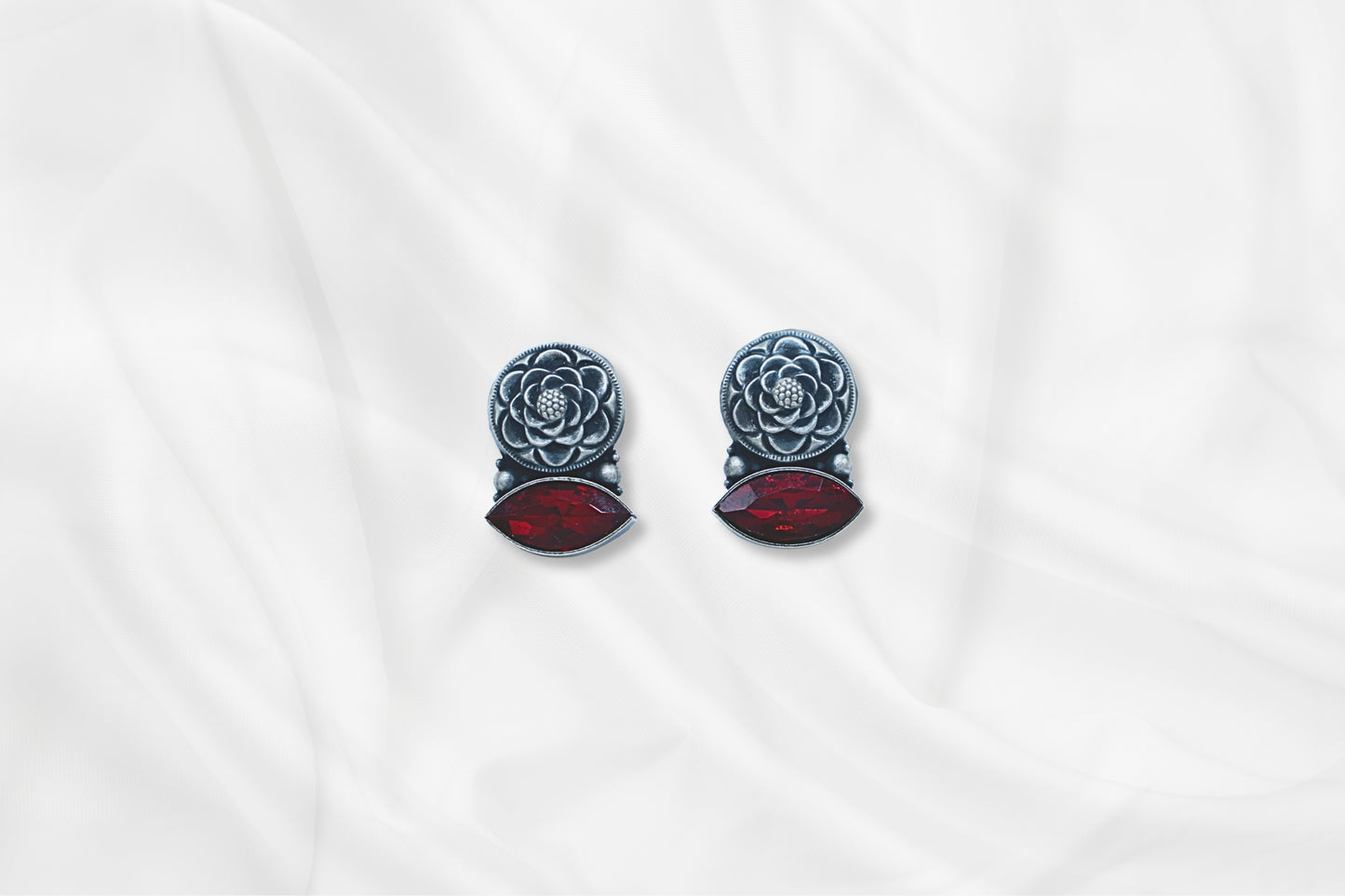 Floral Oxidized Silver Earrings with Red Stone