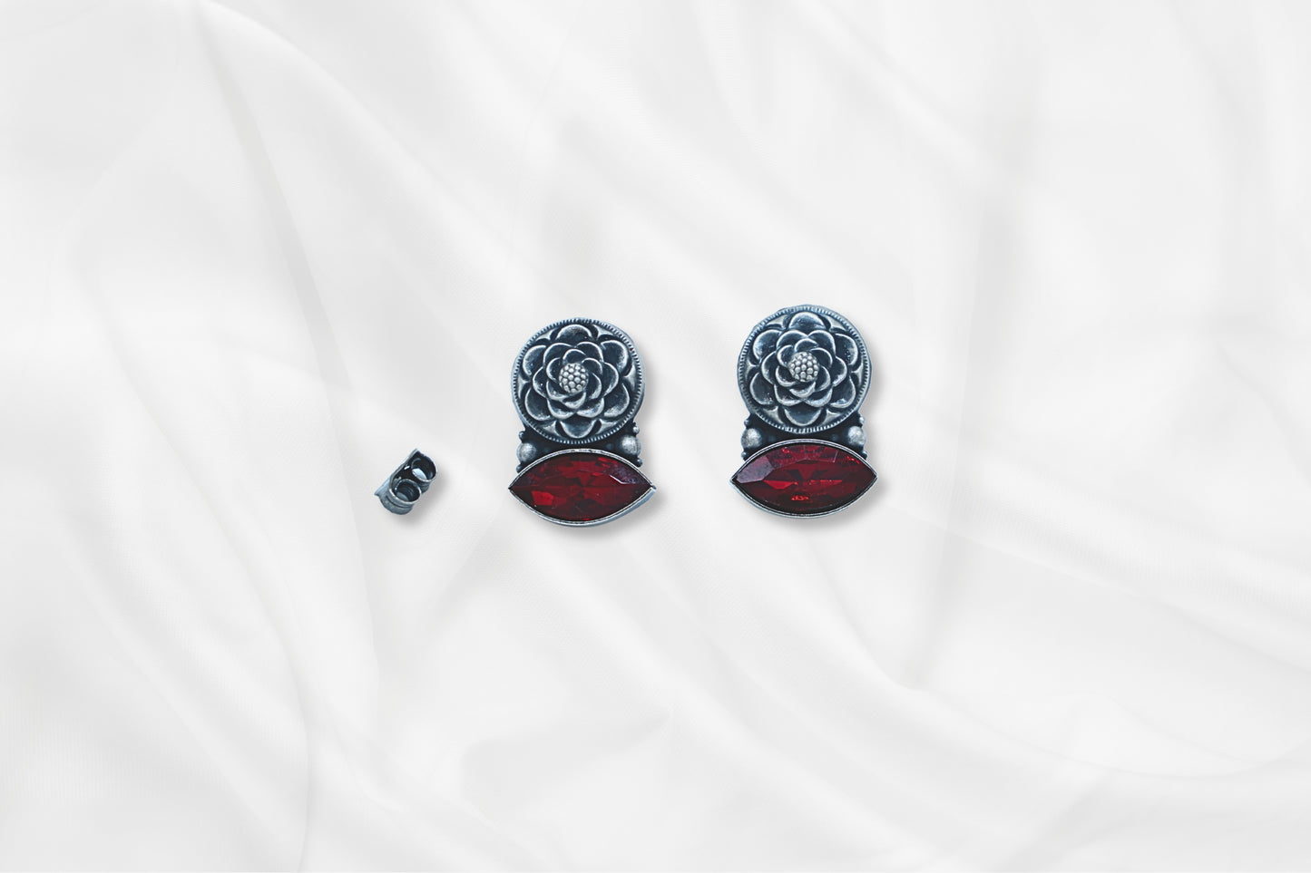 Floral Oxidized Silver Earrings with Red Stone