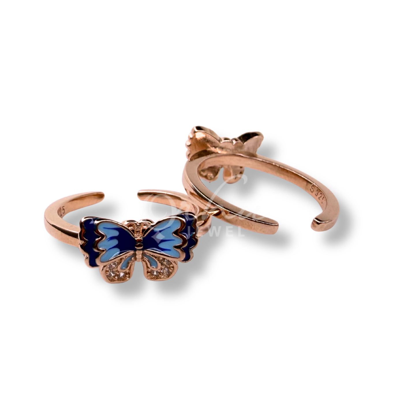 ORHU JEWEL 925 Sterling Silver Butterfly Toe Ring for Women | Adjustable Open Toe Ring | Blue Enamel CZ Design | Minimalist Foot Jewelry (Rose Gold)