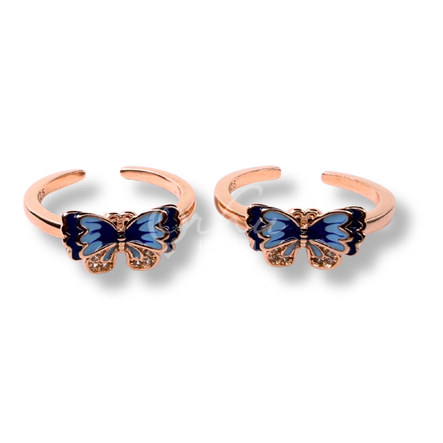 ORHU JEWEL 925 Sterling Silver Butterfly Toe Ring for Women | Adjustable Open Toe Ring | Blue Enamel CZ Design | Minimalist Foot Jewelry (Rose Gold)