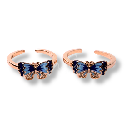 ORHU JEWEL 925 Sterling Silver Butterfly Toe Ring for Women | Adjustable Open Toe Ring | Blue Enamel CZ Design | Minimalist Foot Jewelry (Rose Gold)