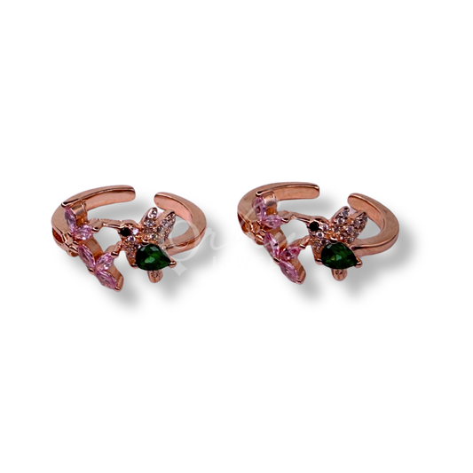 ORHU JEWEL 925 Sterling Silver Hallmarked Toe Ring for Women | Adjustable Bird and Floral CZ Toe Ring with Green & Pink Stones | Designer Bichiya (Rose Gold)