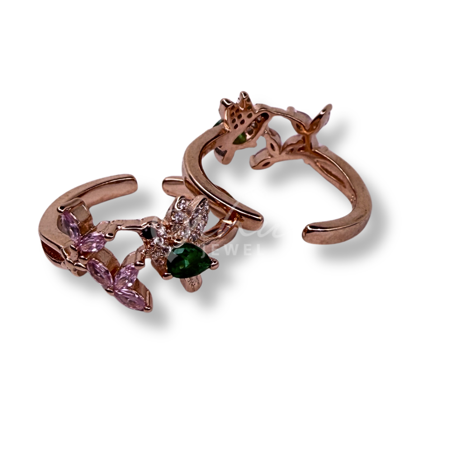 ORHU JEWEL 925 Sterling Silver Hallmarked Toe Ring for Women | Adjustable Bird and Floral CZ Toe Ring with Green & Pink Stones | Designer Bichiya (Rose Gold)