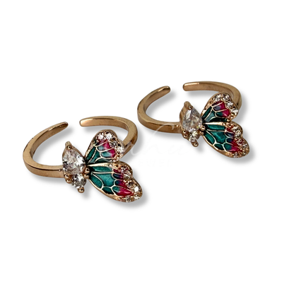 ORHU JEWEL 925 Sterling Silver Toe Ring for Women | Green Butterfly Adjustable Toe Ring with CZ | Open Band Minimal Foot Jewelry (Rose Gold Multi Colour Butterfly)
