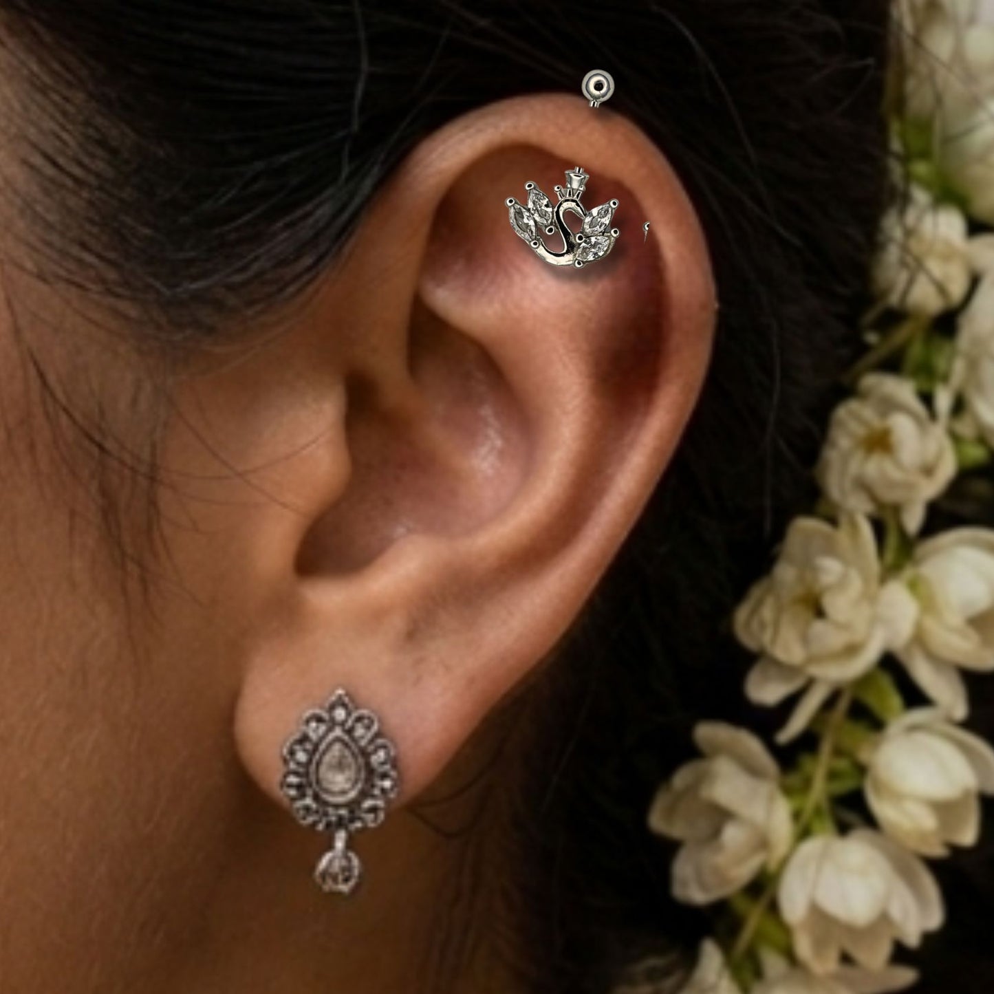 925 Sterling Silver Swan Design Bugadi with Sparkling Stones | Traditional Maharashtrian Ear Piercing Jewelry | Oxidized Silver Finish | Women Ethnic Jewelry