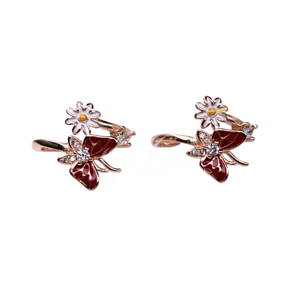 ORHU JEWEL 925 Sterling Silver Hallmarked Toe Ring for Women | Rose Gold Butterfly & Daisy Floral Enamel Toe Ring | Adjustable Designer Bichiya (Red)