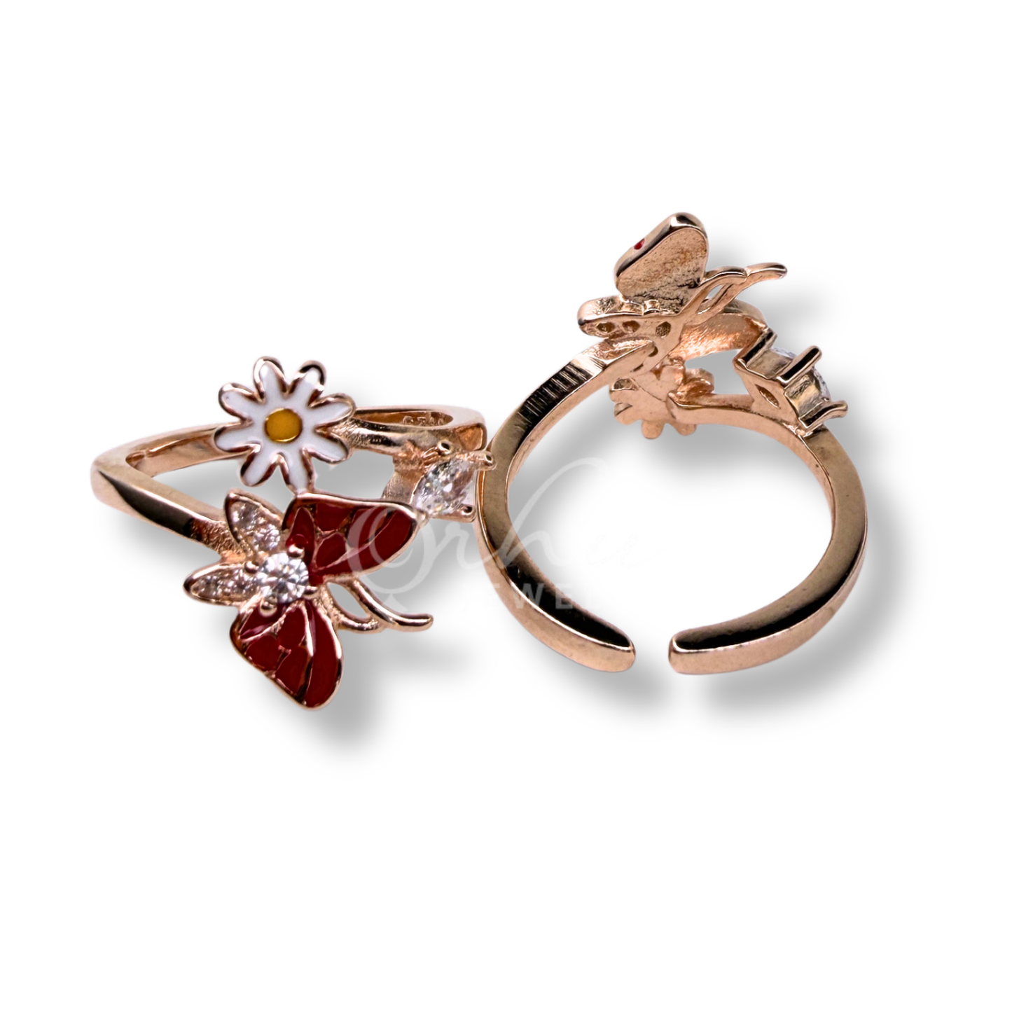 ORHU JEWEL 925 Sterling Silver Hallmarked Toe Ring for Women | Rose Gold Butterfly & Daisy Floral Enamel Toe Ring | Adjustable Designer Bichiya (Red)