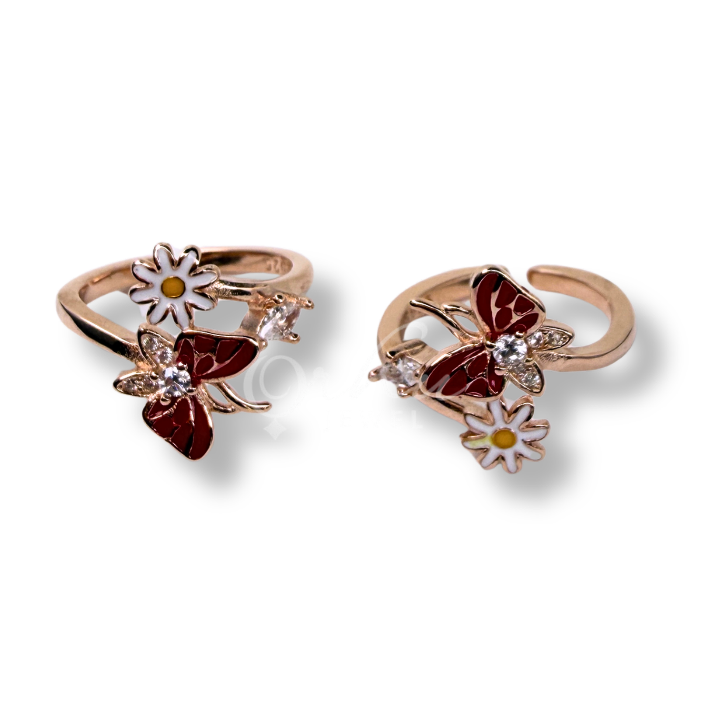 ORHU JEWEL 925 Sterling Silver Hallmarked Toe Ring for Women | Rose Gold Butterfly & Daisy Floral Enamel Toe Ring | Adjustable Designer Bichiya (Red)