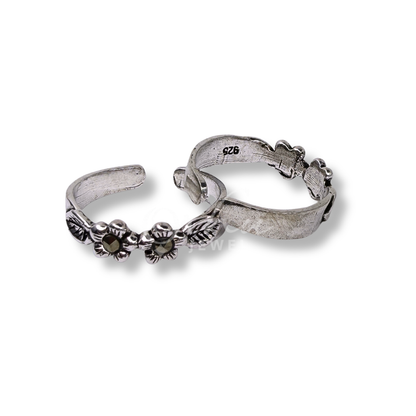ORHU JEWEL 925 Sterling Silver Toe Rings for Women | Oxidised Flower Design | Adjustable Open Band Toe Ring | Traditional & Daily Wear | Hallmarked Silver
