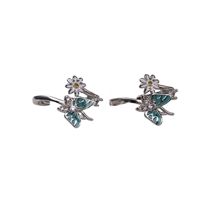 ORHU JEWEL 925 Sterling Silver Hallmarked Toe Ring for Women | Rose Gold Butterfly & Daisy Floral Enamel Toe Ring | Adjustable Designer Bichiya