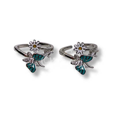 ORHU JEWEL 925 Sterling Silver Hallmarked Toe Ring for Women | Rose Gold Butterfly & Daisy Floral Enamel Toe Ring | Adjustable Designer Bichiya