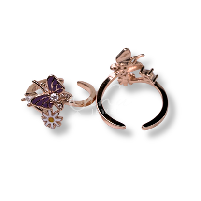 ORHU JEWEL 925 Sterling Silver Hallmarked Toe Ring for Women | Rose Gold Butterfly & Daisy Floral Enamel Toe Ring | Adjustable Designer Bichiya