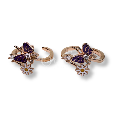ORHU JEWEL 925 Sterling Silver Hallmarked Toe Ring for Women | Rose Gold Butterfly & Daisy Floral Enamel Toe Ring | Adjustable Designer Bichiya
