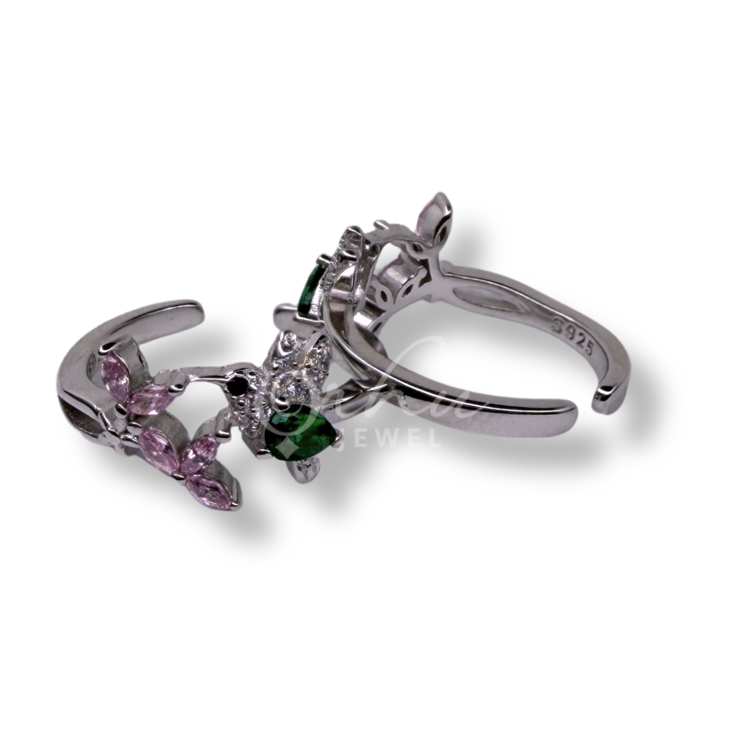 ORHU JEWEL 925 Sterling Silver Hallmarked Toe Ring for Women | Adjustable Bird and Floral CZ Toe Ring with Green & Pink Stones | Designer Bichiya (Silver)