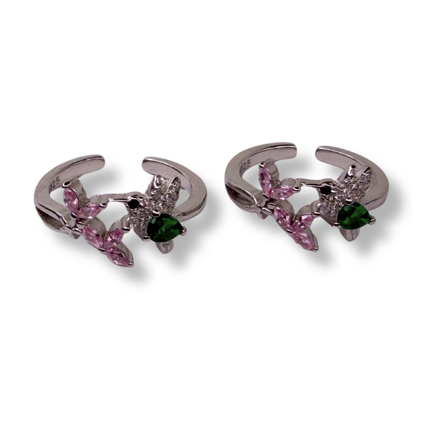 ORHU JEWEL 925 Sterling Silver Hallmarked Toe Ring for Women | Adjustable Bird and Floral CZ Toe Ring with Green & Pink Stones | Designer Bichiya (Silver)