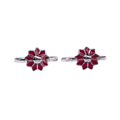 Orhu Jewel 925 Sterling Silver Hallmarked Red Floral Adjustable Toe Ring for Women | Enamel Flower Design Minimalist Silver Ring | Daily Wear CZ Toe Ring