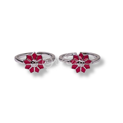 Orhu Jewel 925 Sterling Silver Hallmarked Red Floral Adjustable Toe Ring for Women | Enamel Flower Design Minimalist Silver Ring | Daily Wear CZ Toe Ring