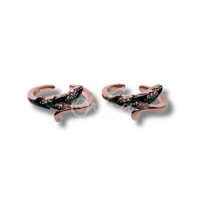 925 Sterling Silver Toe Ring for Women | Feather Leaf Adjustable Toe Ring with Green Enamel & CZ | Open Band Minimal Foot Jewelry | ORHU JEWEL (Rose Gold Peacock Blue)