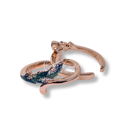 925 Sterling Silver Toe Ring for Women | Feather Leaf Adjustable Toe Ring with Green Enamel & CZ | Open Band Minimal Foot Jewelry | ORHU JEWEL (Rose Gold Peacock Blue)