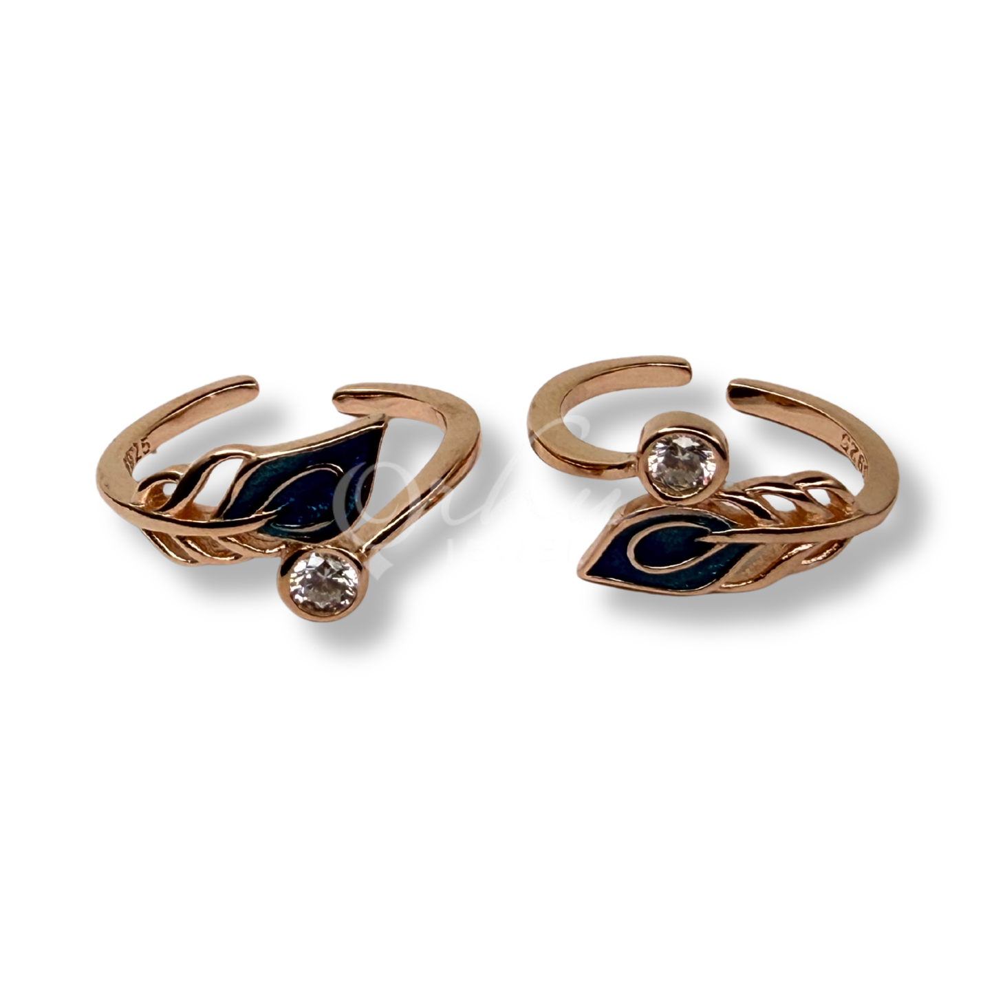 925 Sterling Silver Rose Gold Blue Leaf Toe Ring for Women | Adjustable Open Toe Ring with Crystal & Enamel Design | ORHU Jewel