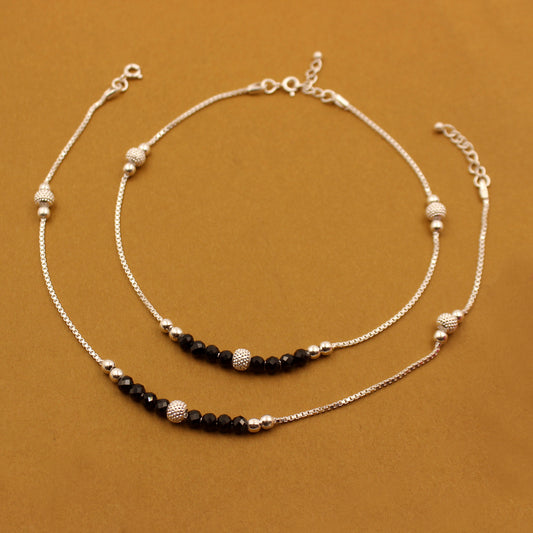 Silver Barefoot Black Beads Anklet