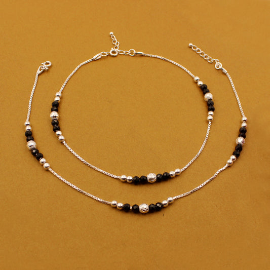 Silver Anklet with Black Beads