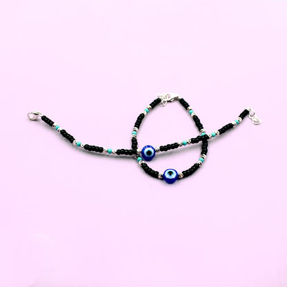 Blue And Black Beads With Evil Eye Bracelet