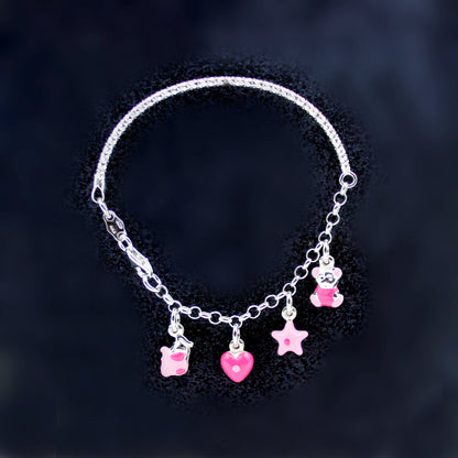 Silver Pink Star And Heart Bracelet