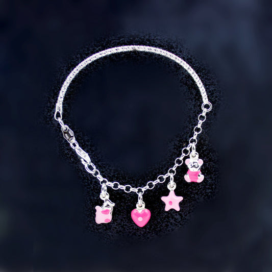 Silver Pink Star And Heart Bracelet