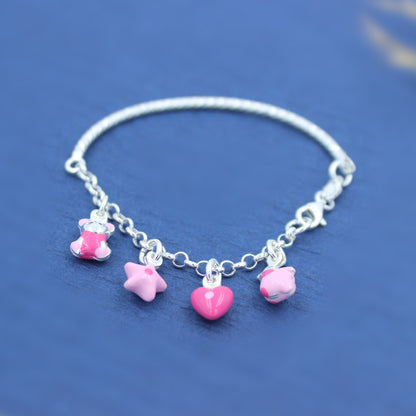 Silver Pink Star And Heart Bracelet