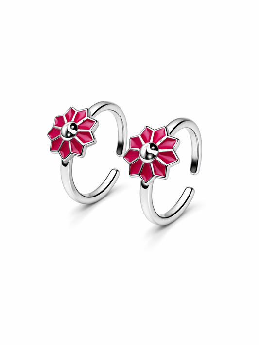 Orhu Jewel 925 Sterling Silver Hallmarked Red Floral Adjustable Toe Ring for Women | Enamel Flower Design Minimalist Silver Ring | Daily Wear CZ Toe Ring