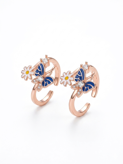 ORHU JEWEL 925 Sterling Silver Hallmarked Toe Ring for Women | Rose Gold Butterfly & Daisy Floral Enamel Toe Ring | Adjustable Designer Bichiya