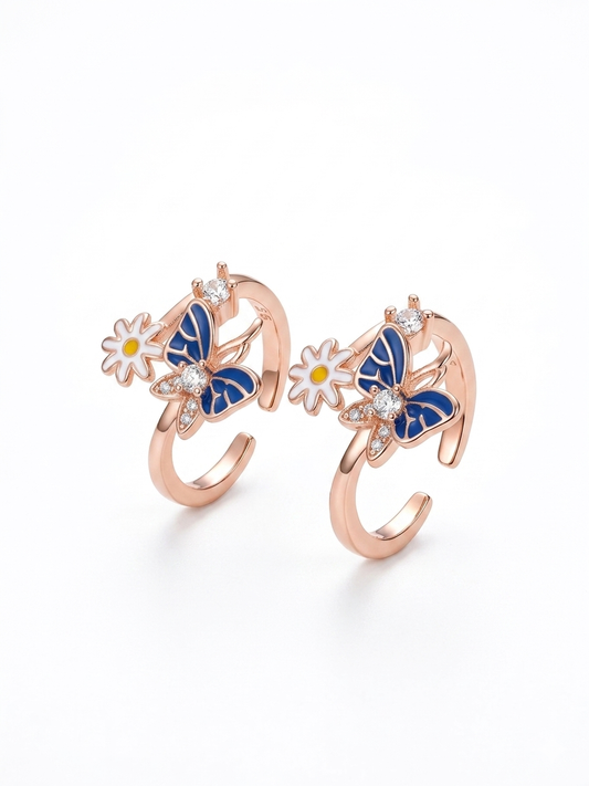 ORHU JEWEL 925 Sterling Silver Hallmarked Toe Ring for Women | Rose Gold Butterfly & Daisy Floral Enamel Toe Ring | Adjustable Designer Bichiya