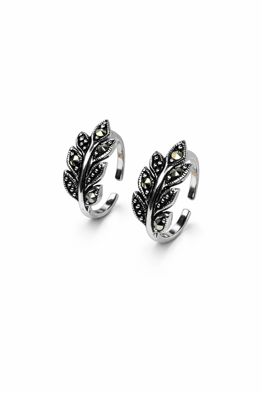 ORHU JEWEL 925 Sterling Silver Toe Rings for Women | Oxidised Leaf Design | Adjustable Open Band Toe Ring | Traditional & Daily Wear | Hallmarked Silver
