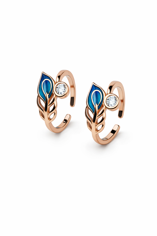 925 Sterling Silver Rose Gold Blue Leaf Toe Ring for Women | Adjustable Open Toe Ring with Crystal & Enamel Design | ORHU Jewel