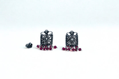 Vintage Silver Earrings with Ruby Bead Drops