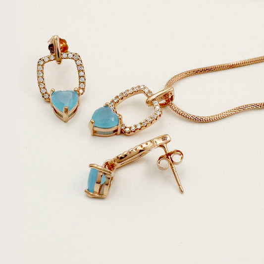Rose Gold Square With Aqua Sone Heart Set
