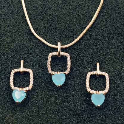 Rose Gold Square With Aqua Sone Heart Set